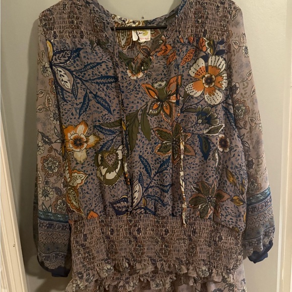 Fig and Flower (Anthropologie)Gray and Orange Smocked Tiered Shirt and Skirt Set - Picture 2 of 9